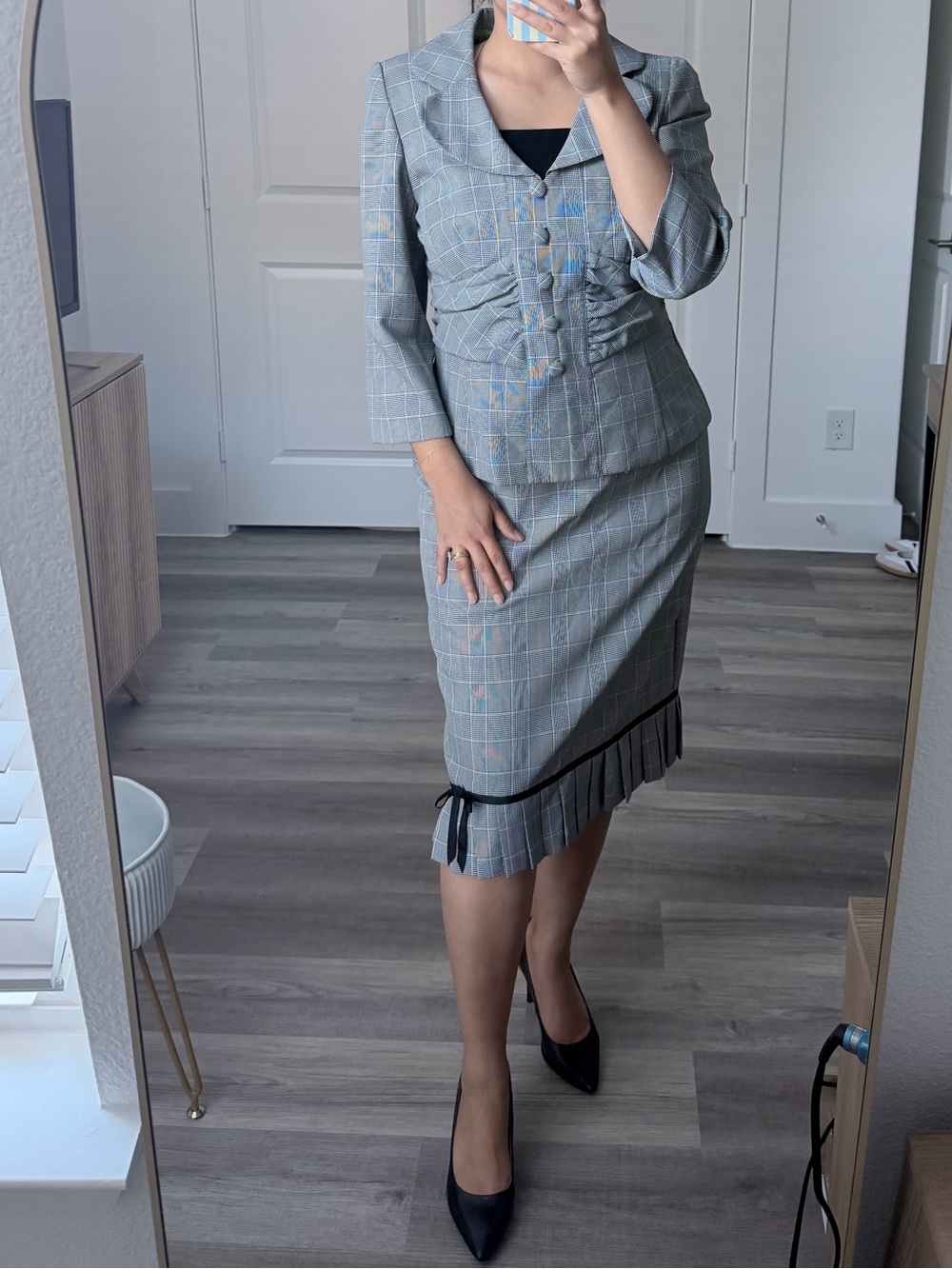 Gray Windowpane Two-Piece Skirt Suit